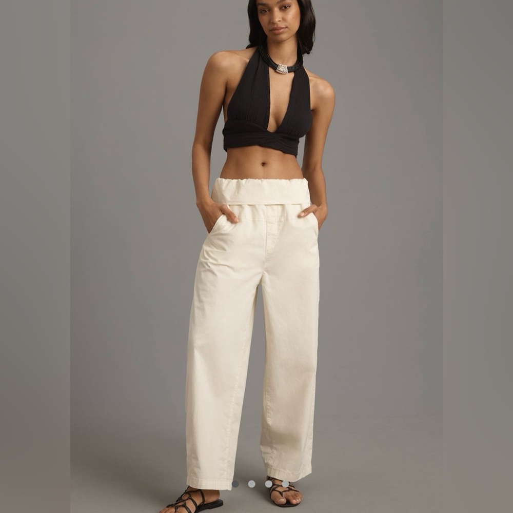 Pilcro by Anthropologie Cream Wide-Leg barrel cropped summer Pants